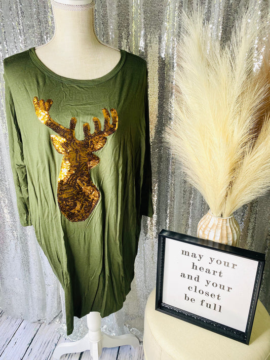 Flowy Quarter Sleeve Sequins Deer Top