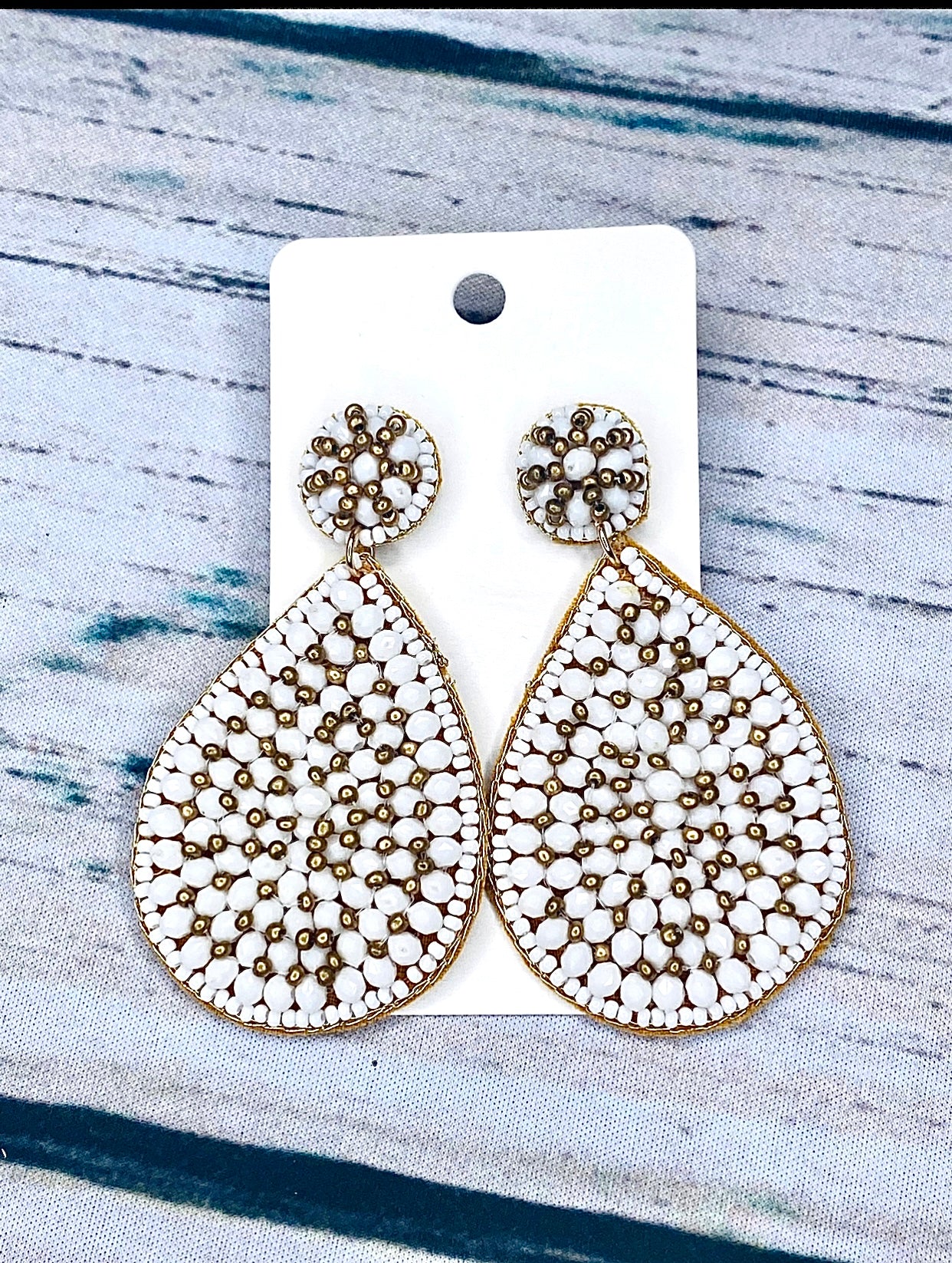 White & Gold Teardrop Seed Bead Earrings