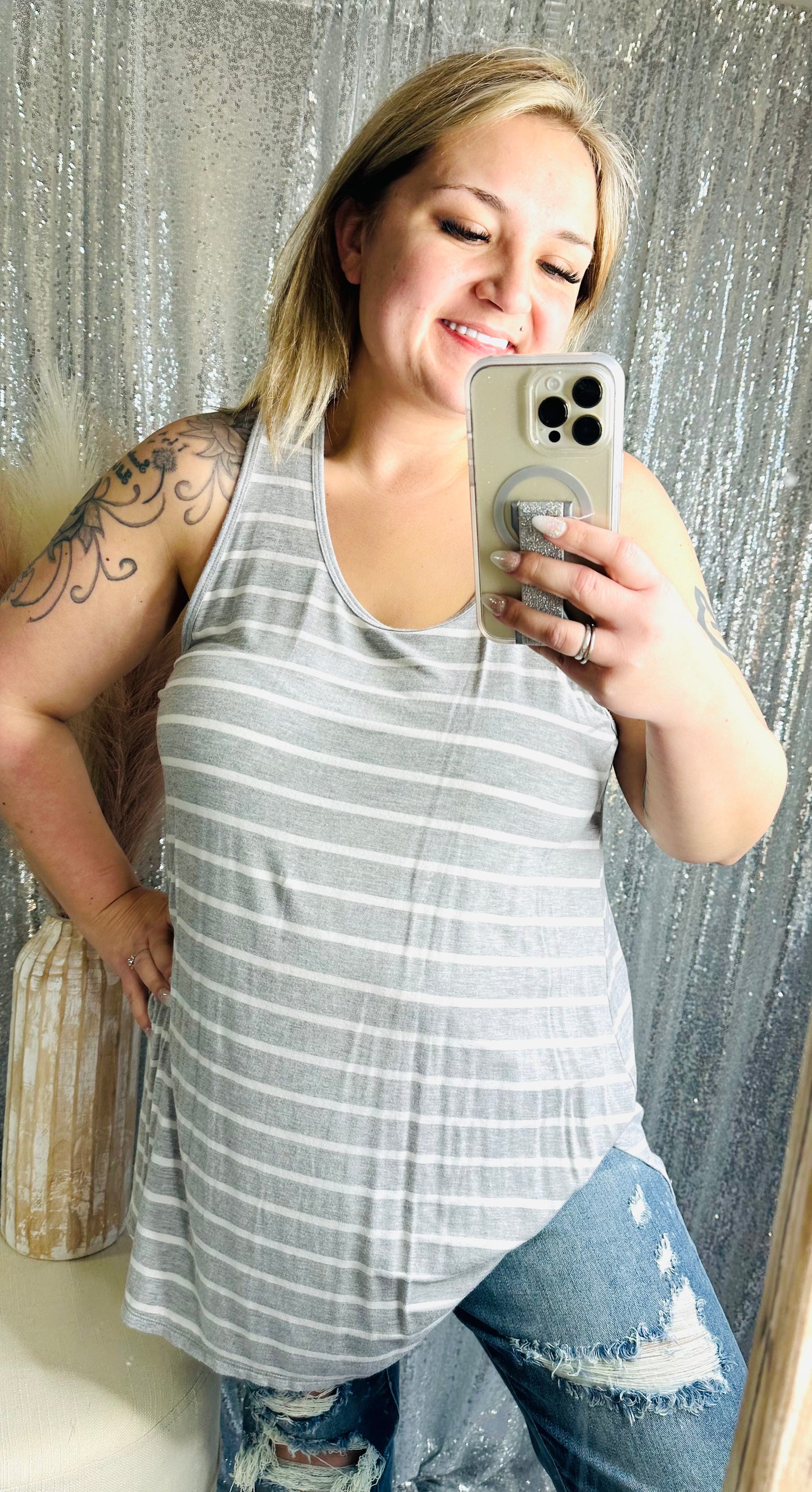 Zenana - Grey Striped Round Neck Flowy Tank Top