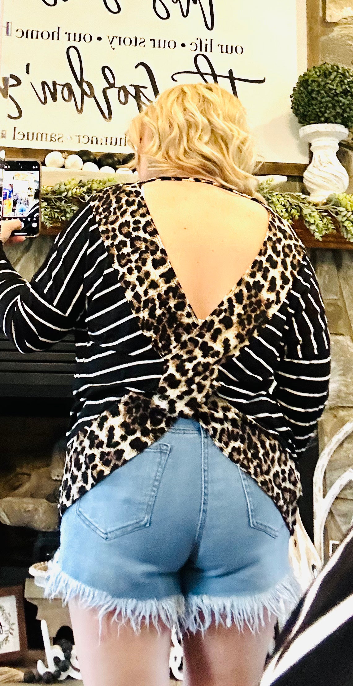 Long Sleeve Striped Cheetah Criss Cross Open Back Top