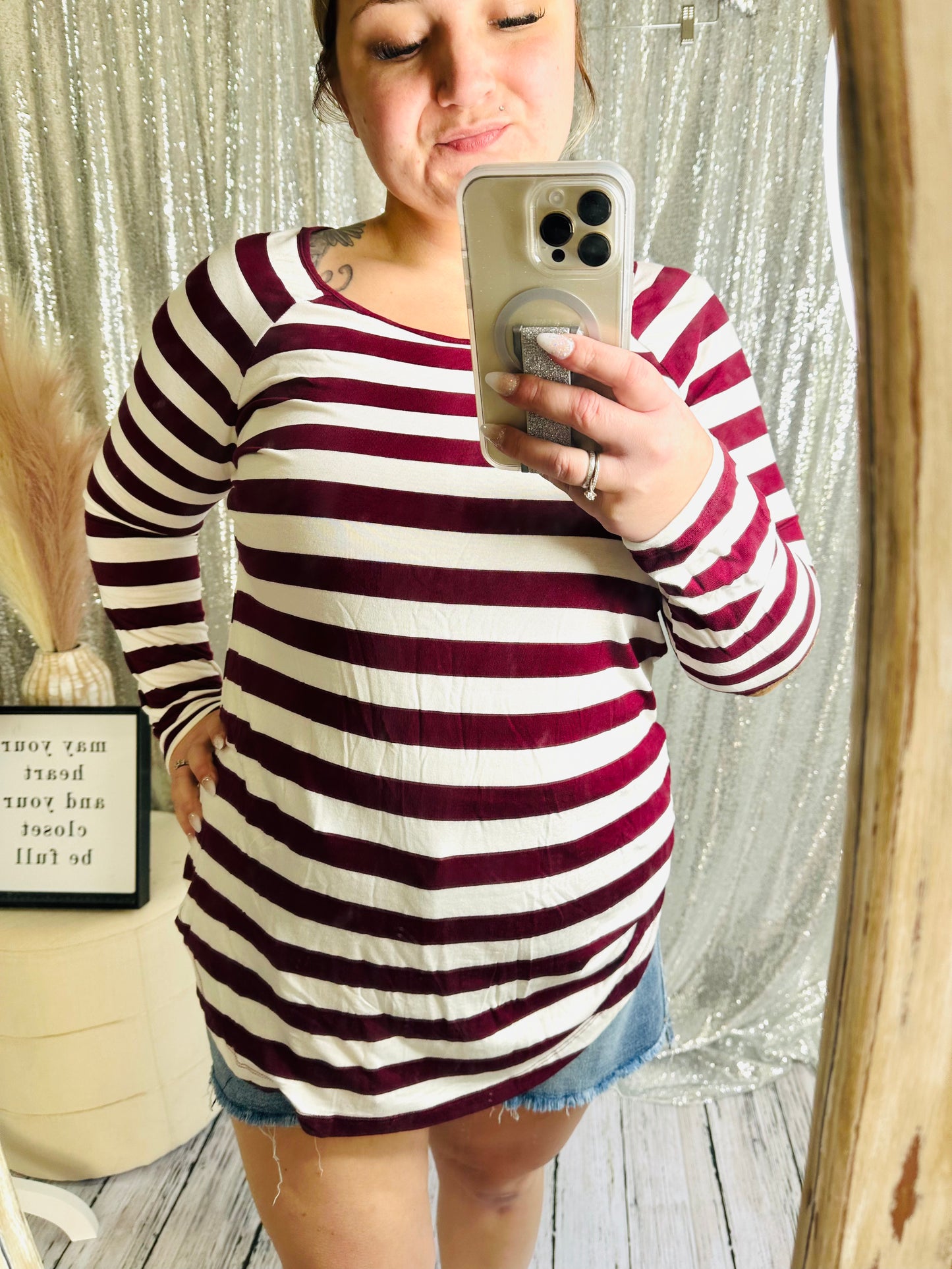 Zenana - Burgundy Striped Long Sleeve Patch Elbow Top