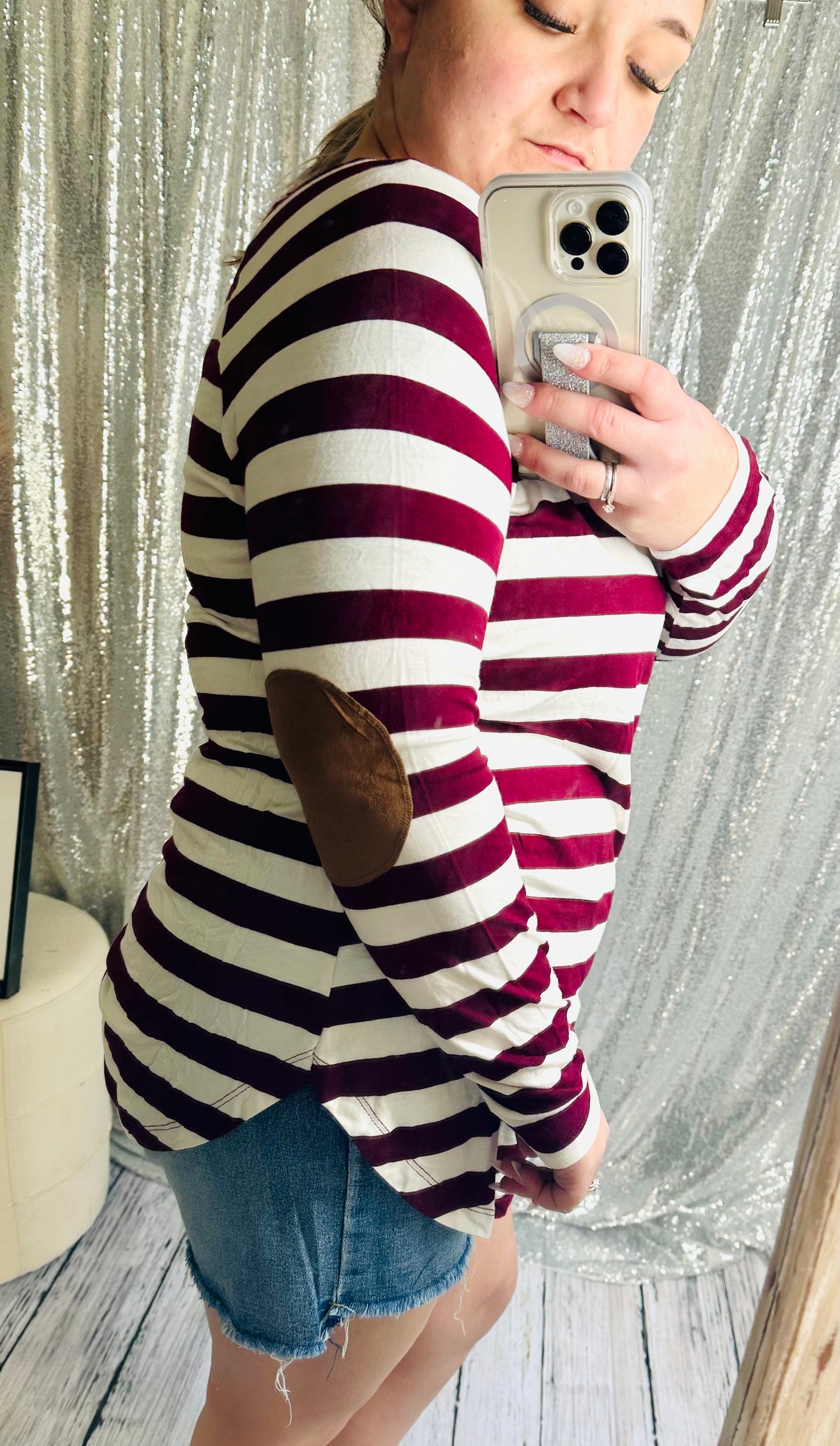 Zenana - Burgundy Striped Long Sleeve Patch Elbow Top