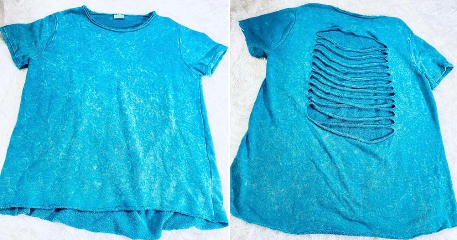 Teal Mineral Washed Ripped Back Short Sleeve Sweatshirt