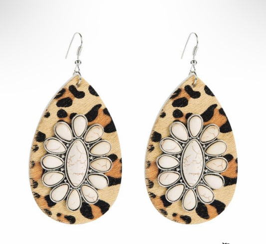 Leather Cheetah Cream Stone Earrings