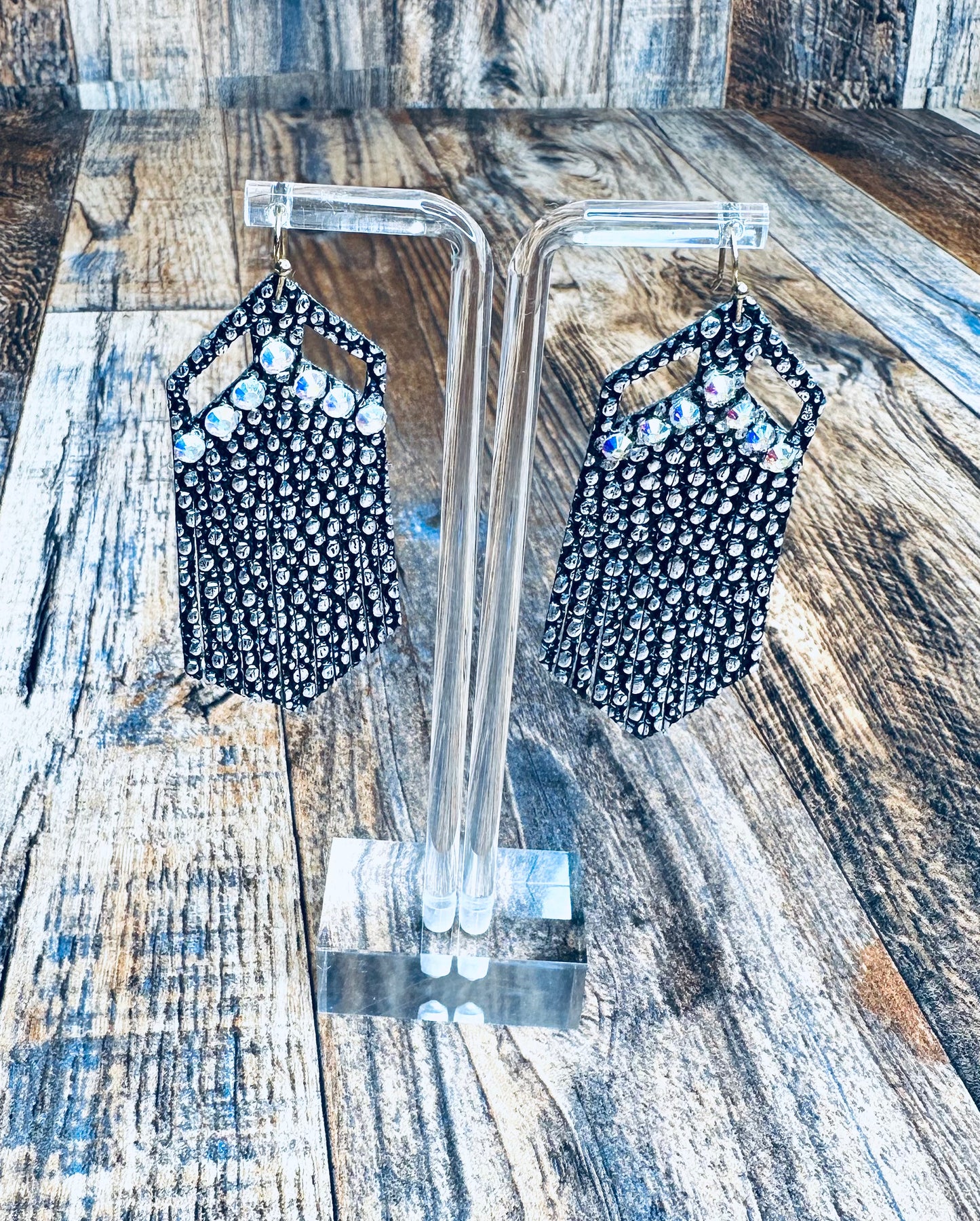 Leather Fringe Silver Spoted Rhinestone Earrings