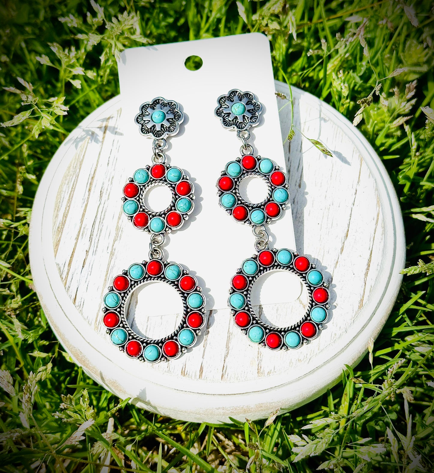 Turquoise / Red 3 Tier Circle Stone Earrings