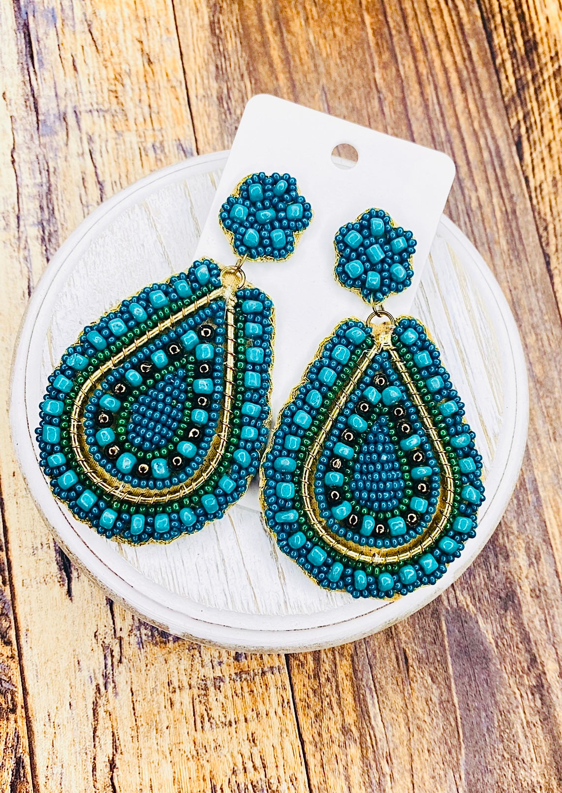 Floral Green Teal Seed Bead Earrings