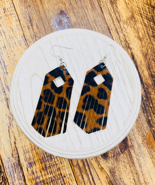 Leopard Faux Leather Fringe Earrings