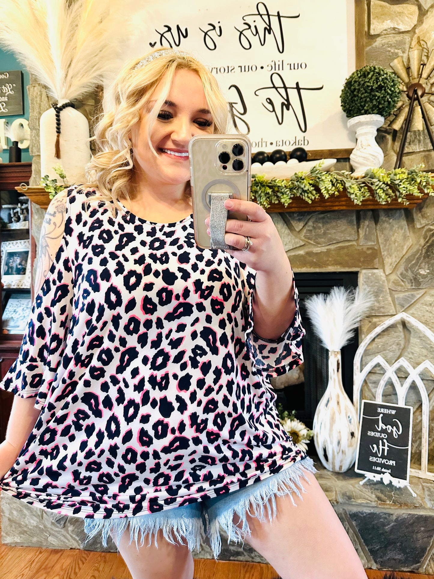 Honey Me - Pink Cheetah Open Shoulder Top