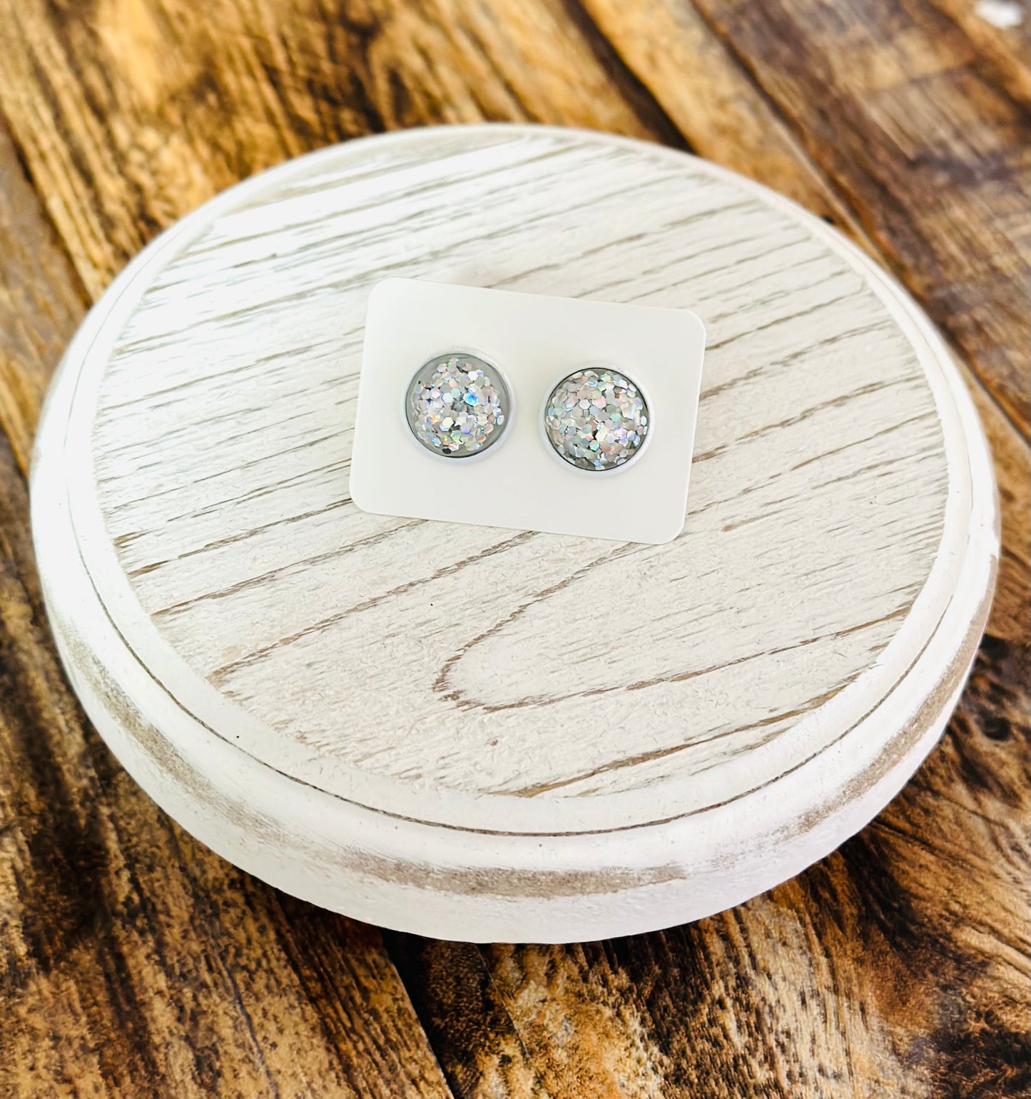 Silver Glitter White Stud Earrings