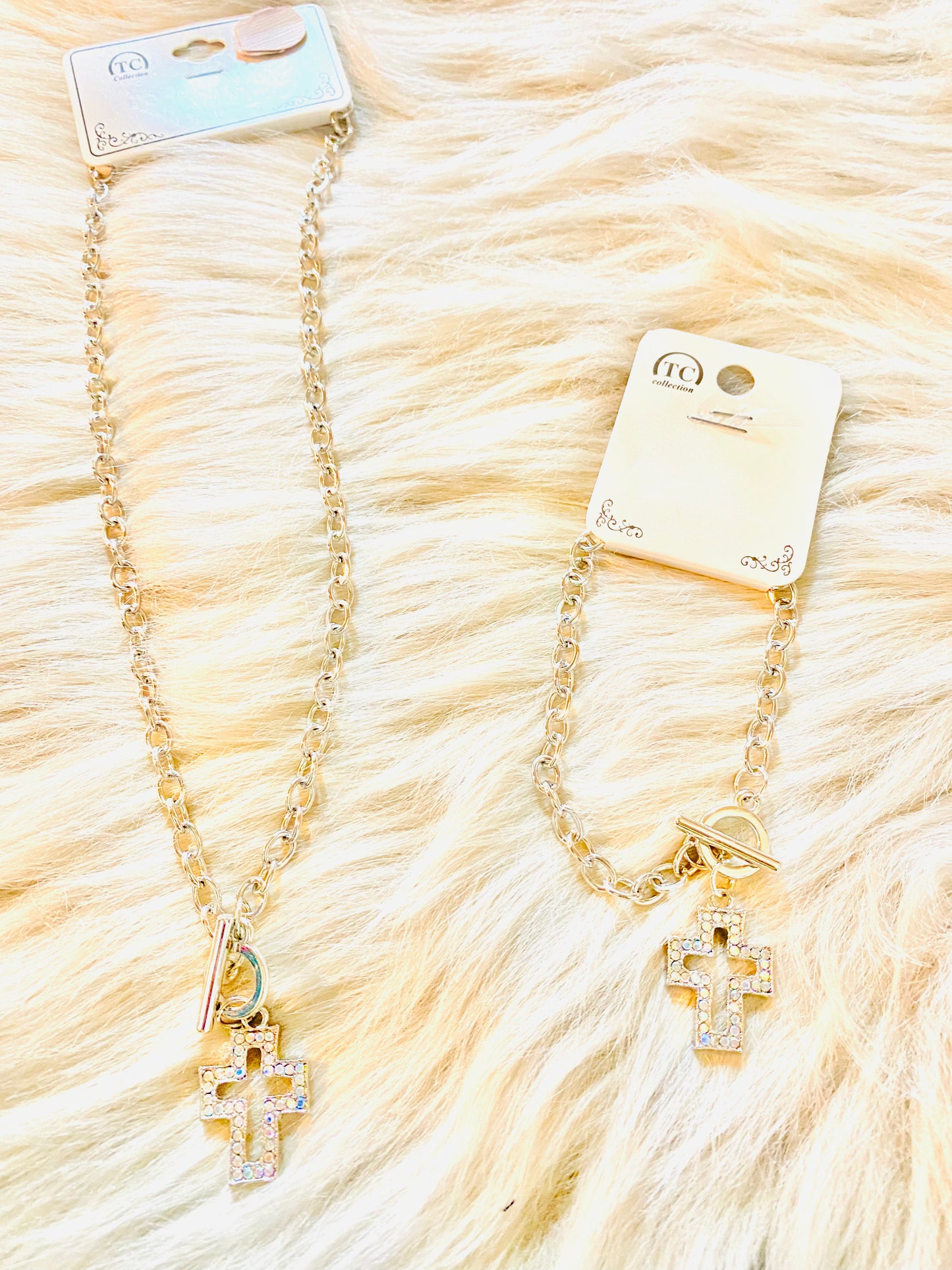 Rhinestone Cross Necklace & Bracelet Set