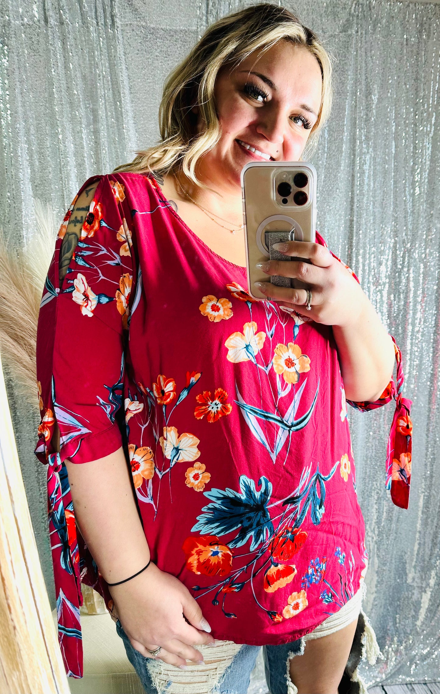 Umgee - Floral Flowy Open Shoulder Top