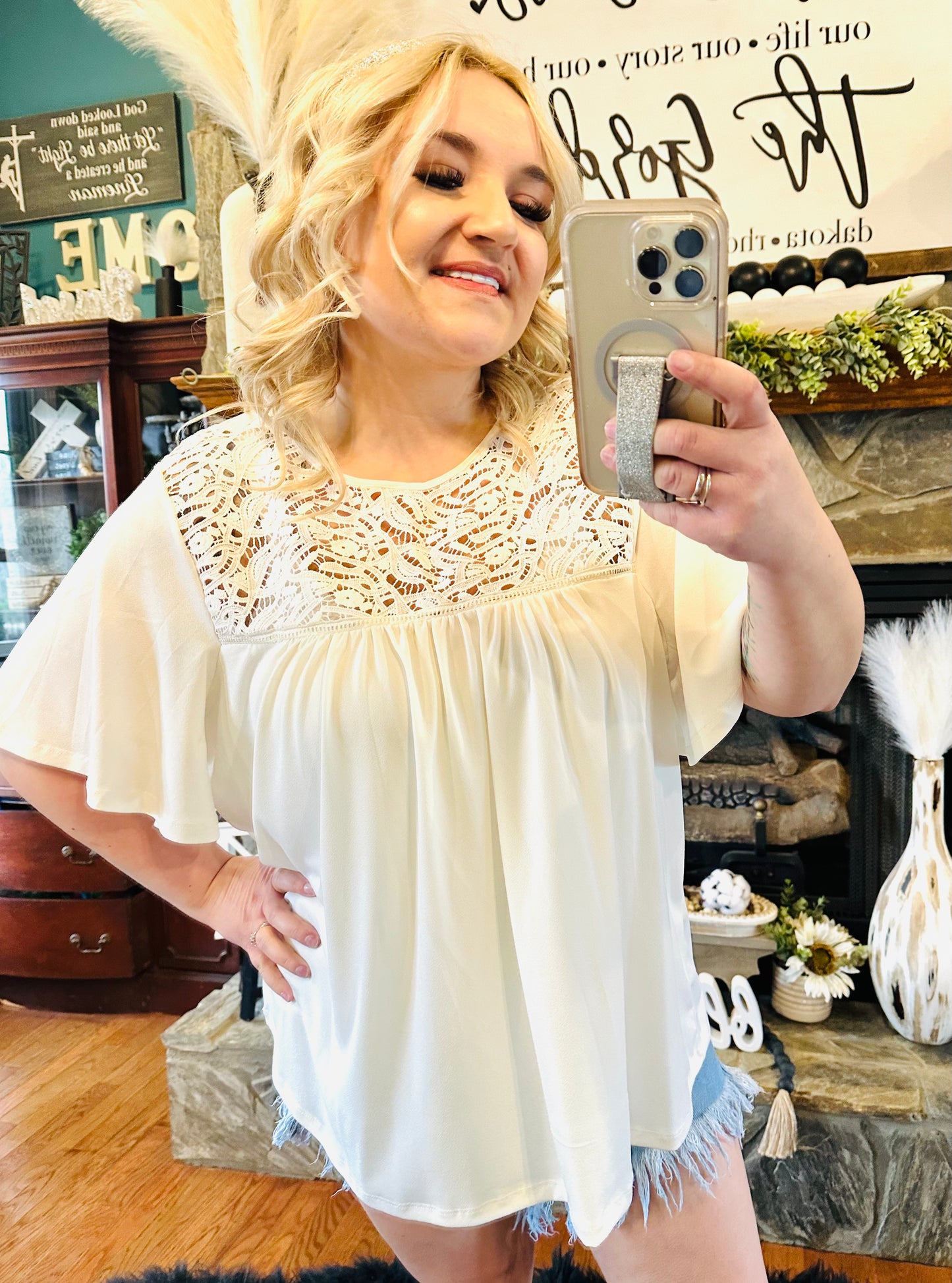 Ivory Lace Detail Flowy Sleeve Top