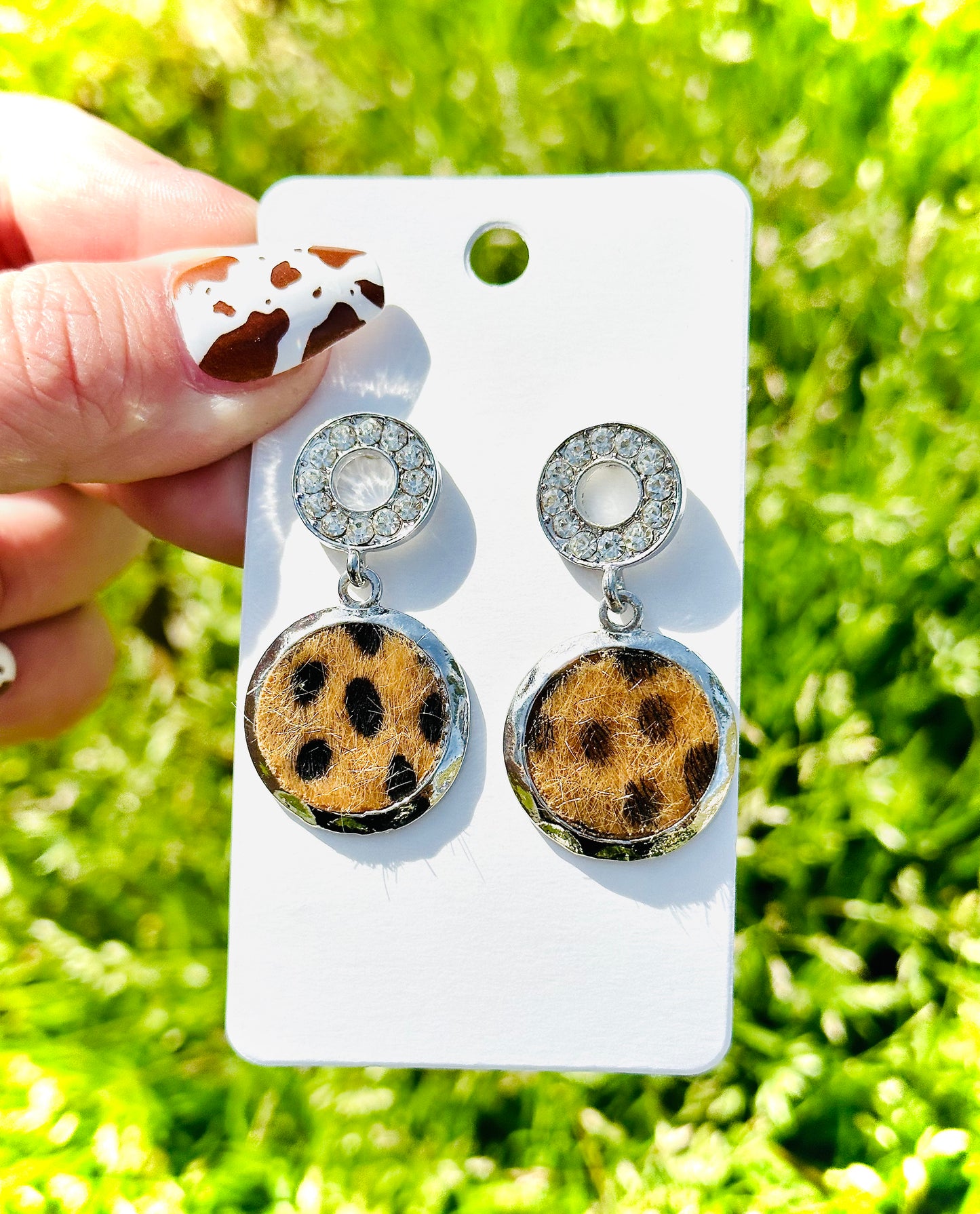 Fur Animal Print Rhinestone Circle Earrings