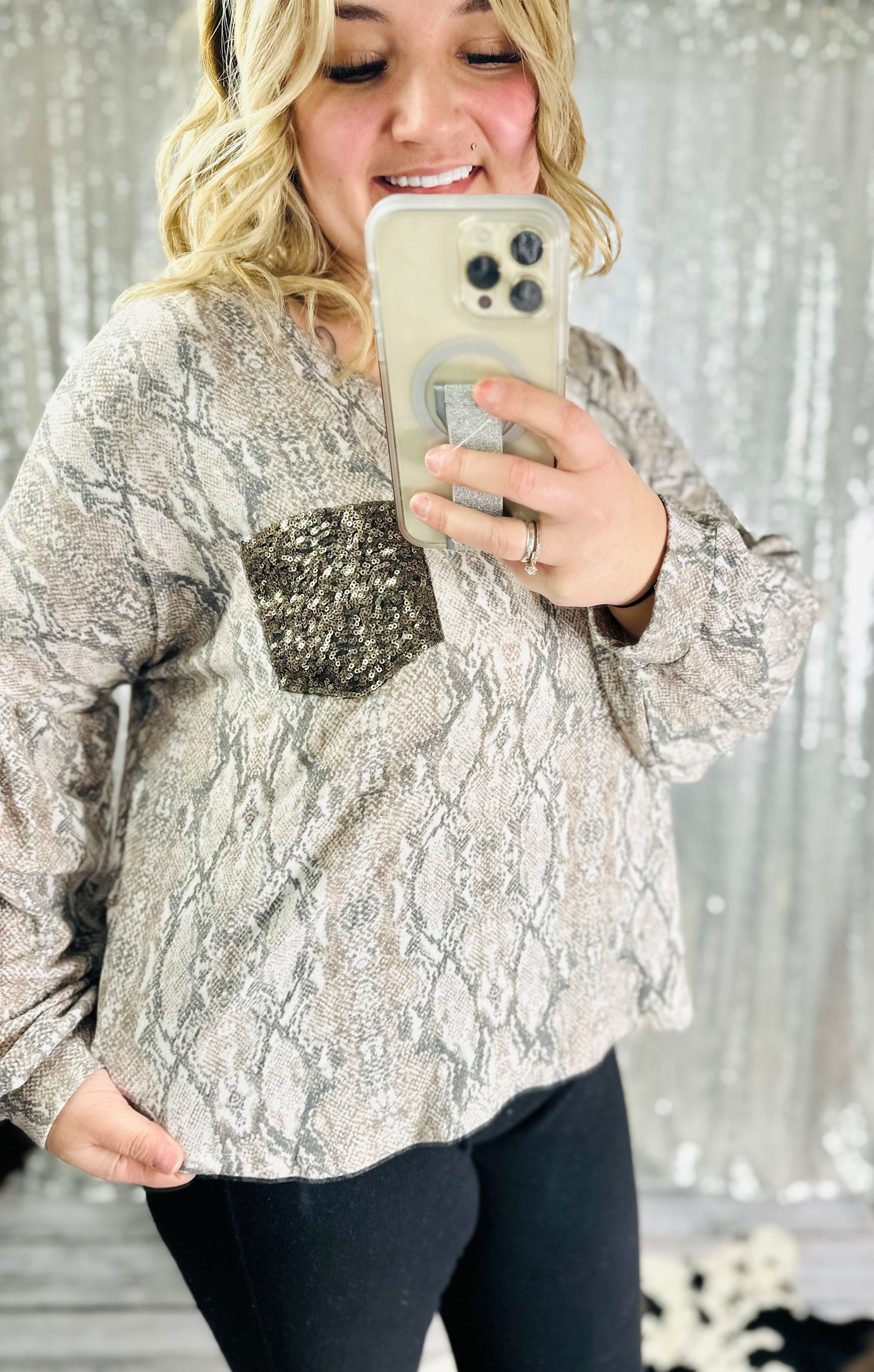 Snake Sequins Pocket Long Balloon Sleeve Crop Top