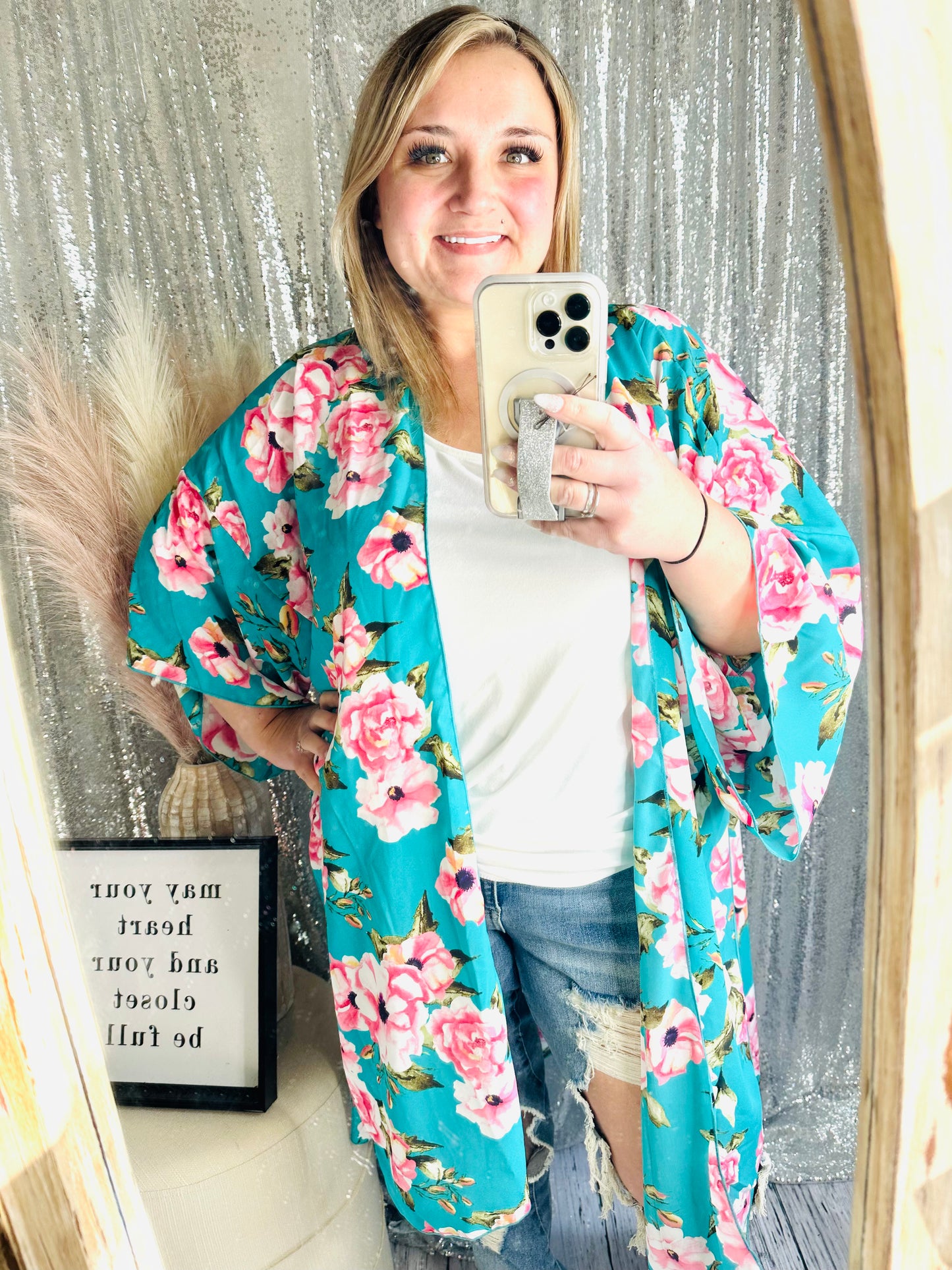 Teal Floral Kimono