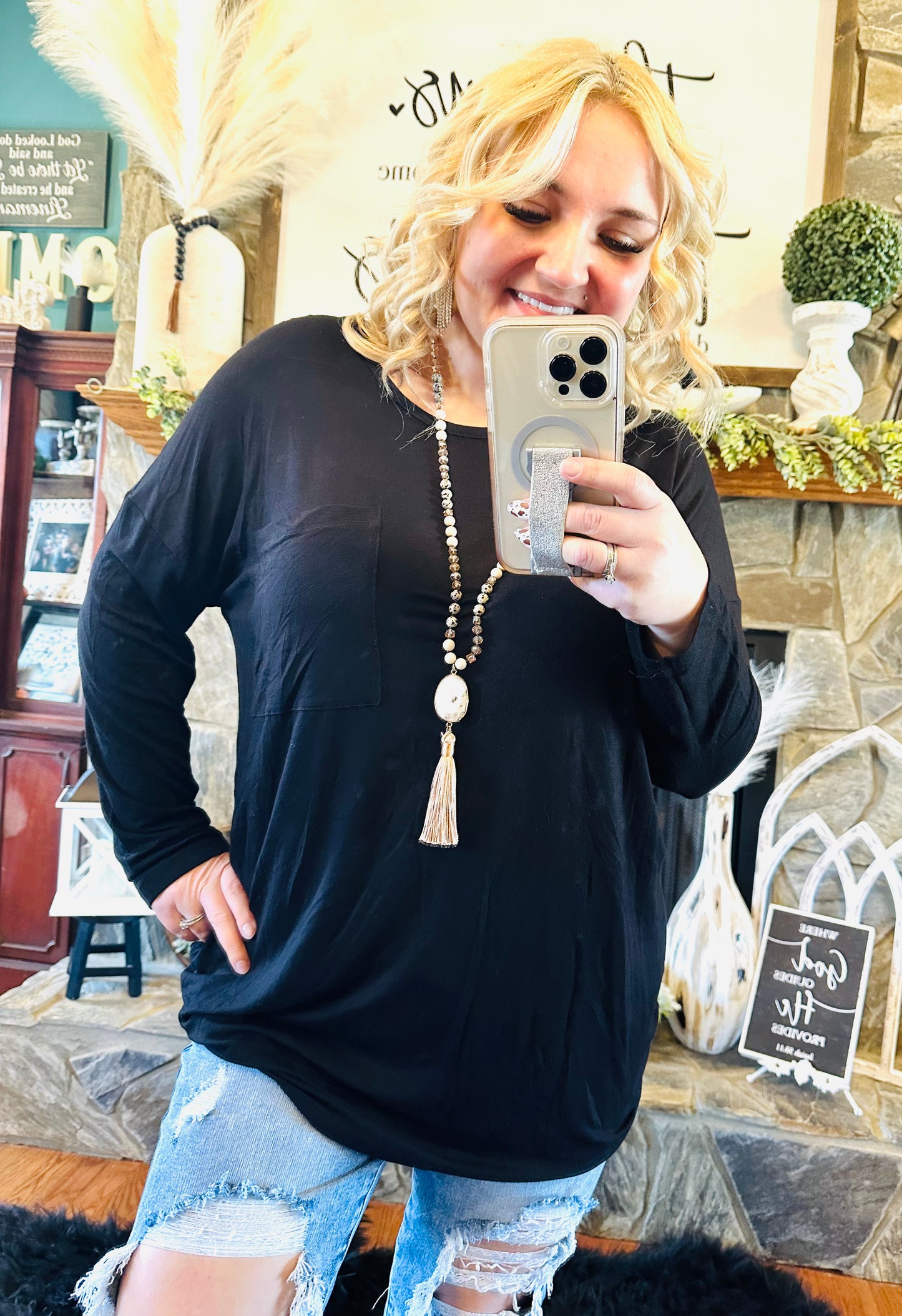 Black Long Sleeve Pocket Flowy Top