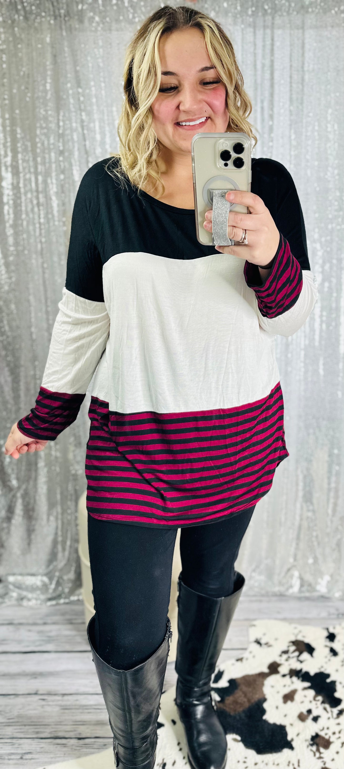 Color Block Long Sleeve Lace Detail Back Top