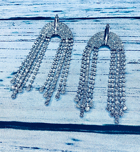 XL Shiney Silver Rhinestone Tassel Dangle Earrings