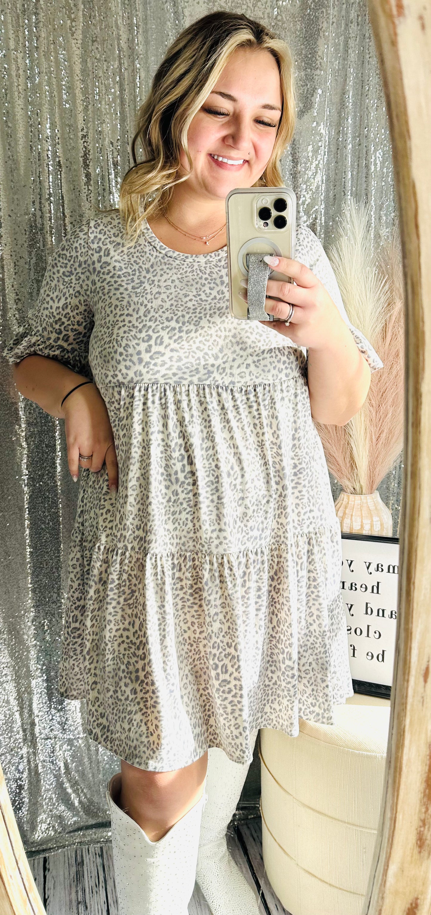 Taupe Grey Leopard Tiered Dress