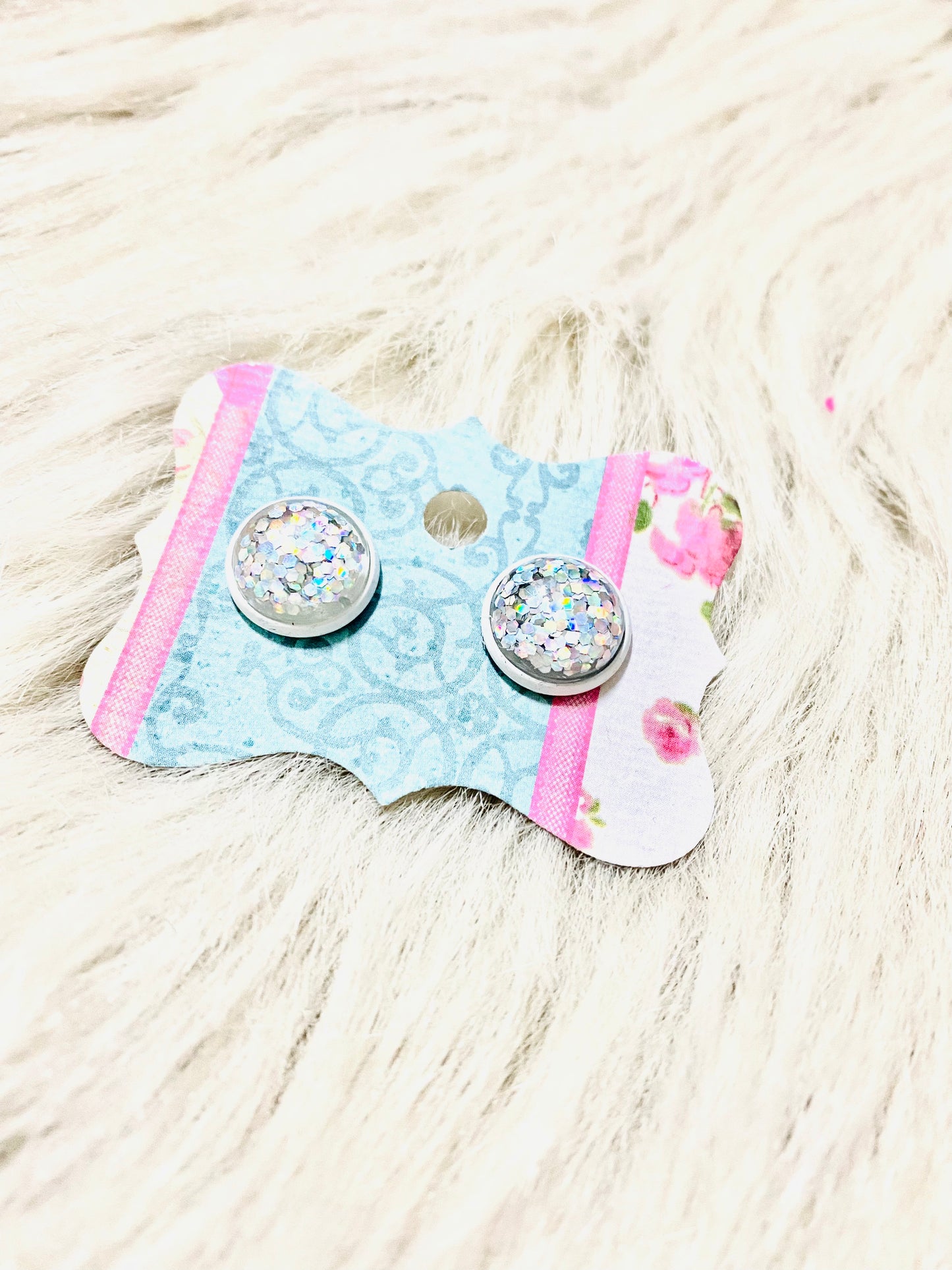 Silver Glitter White Stud Earrings