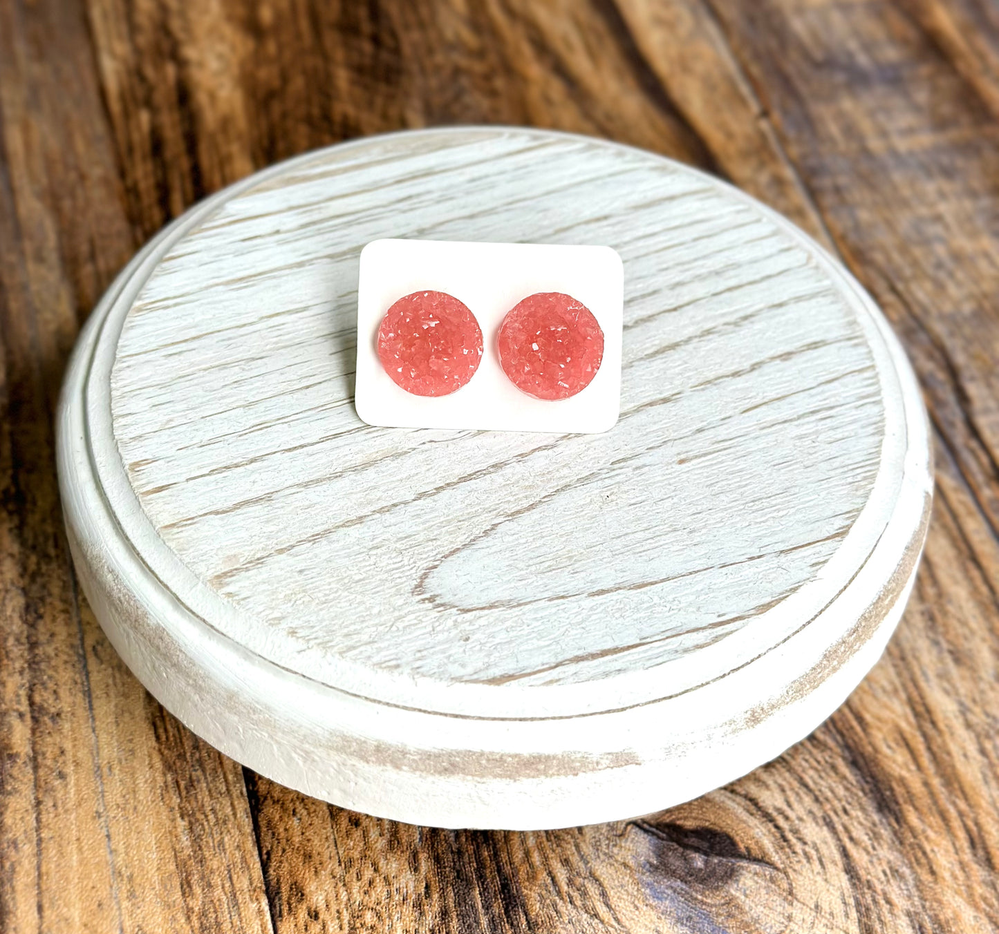 Pink Round Druzy Stone Stud Earrings