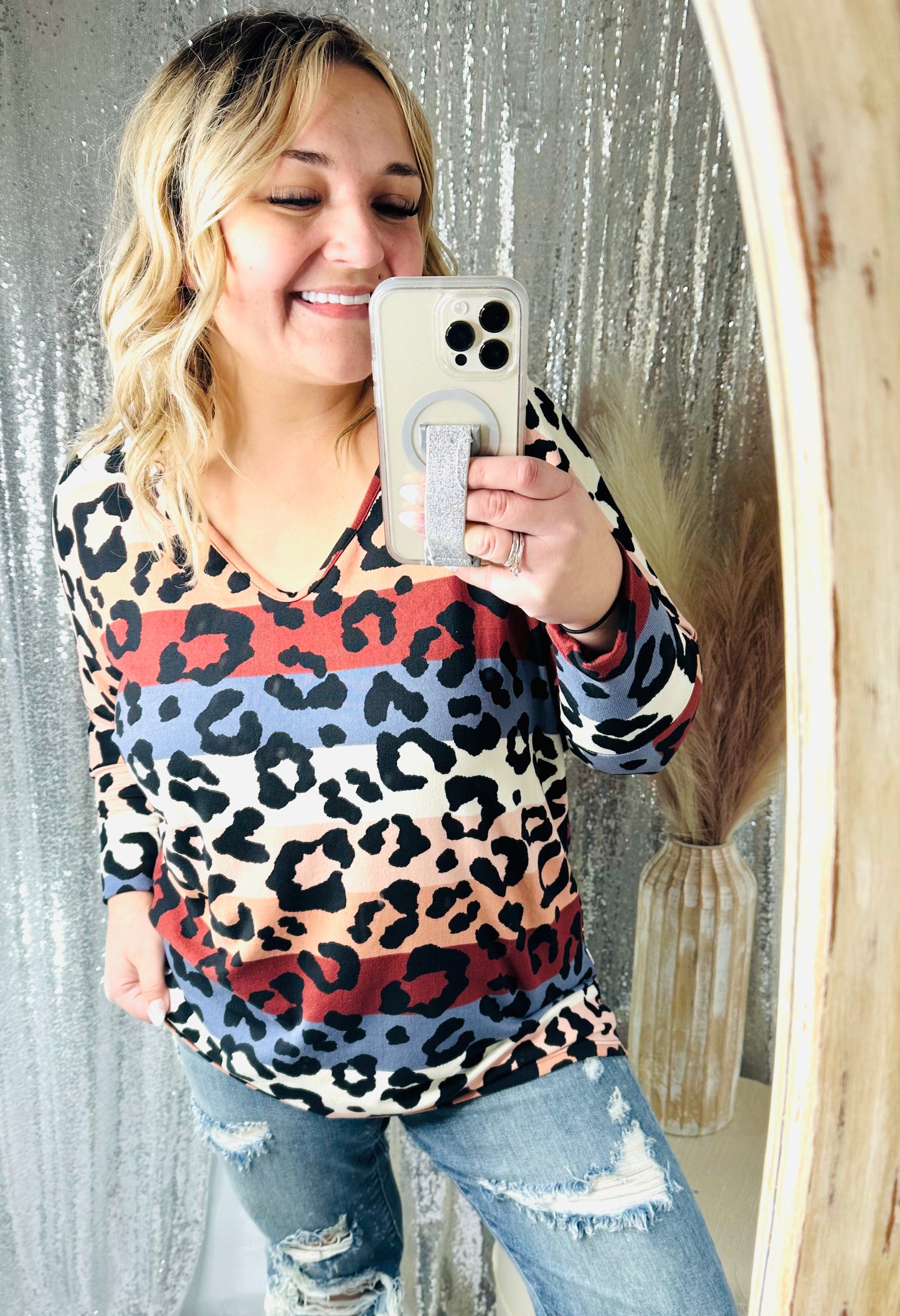 1 Bold Cheetah Striped Multi Color Print Vneck Dolman Sleeve Top