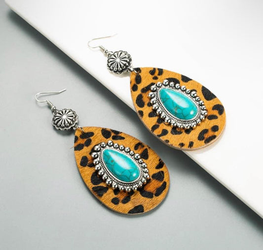 Leather Cheetah Teal Stone Earrings