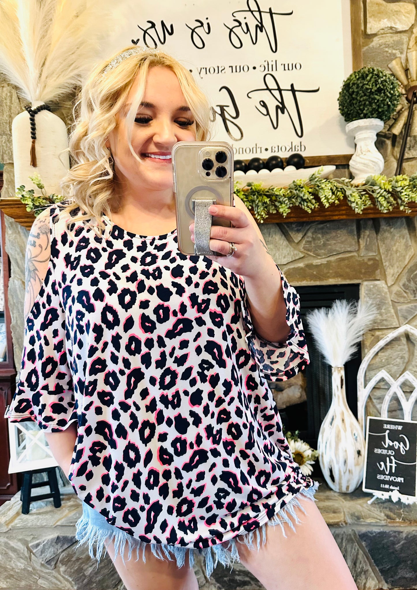 Honey Me - Pink Cheetah Open Shoulder Top