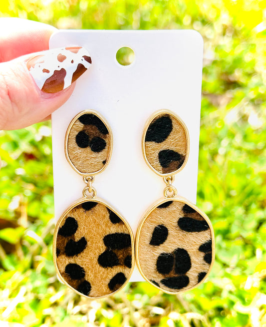 Gold Oval Fur Cheetah Earrings