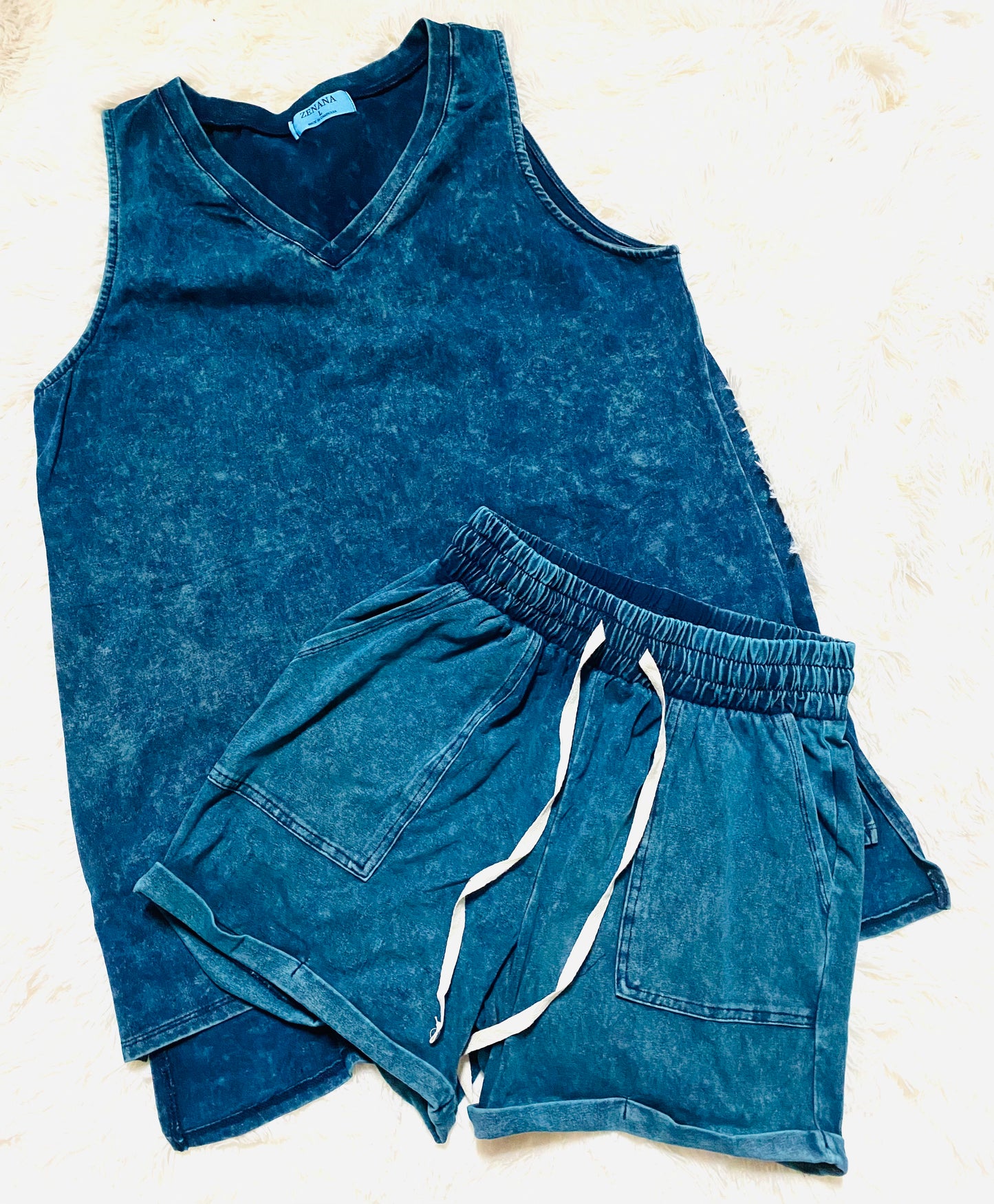 1 : Zenana - Mineral Wash Vneck Top Or Shorts