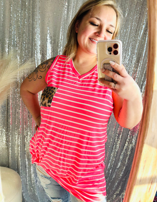 Pink / White Striped Knot Tie Tank Top With Cheetah Pocket