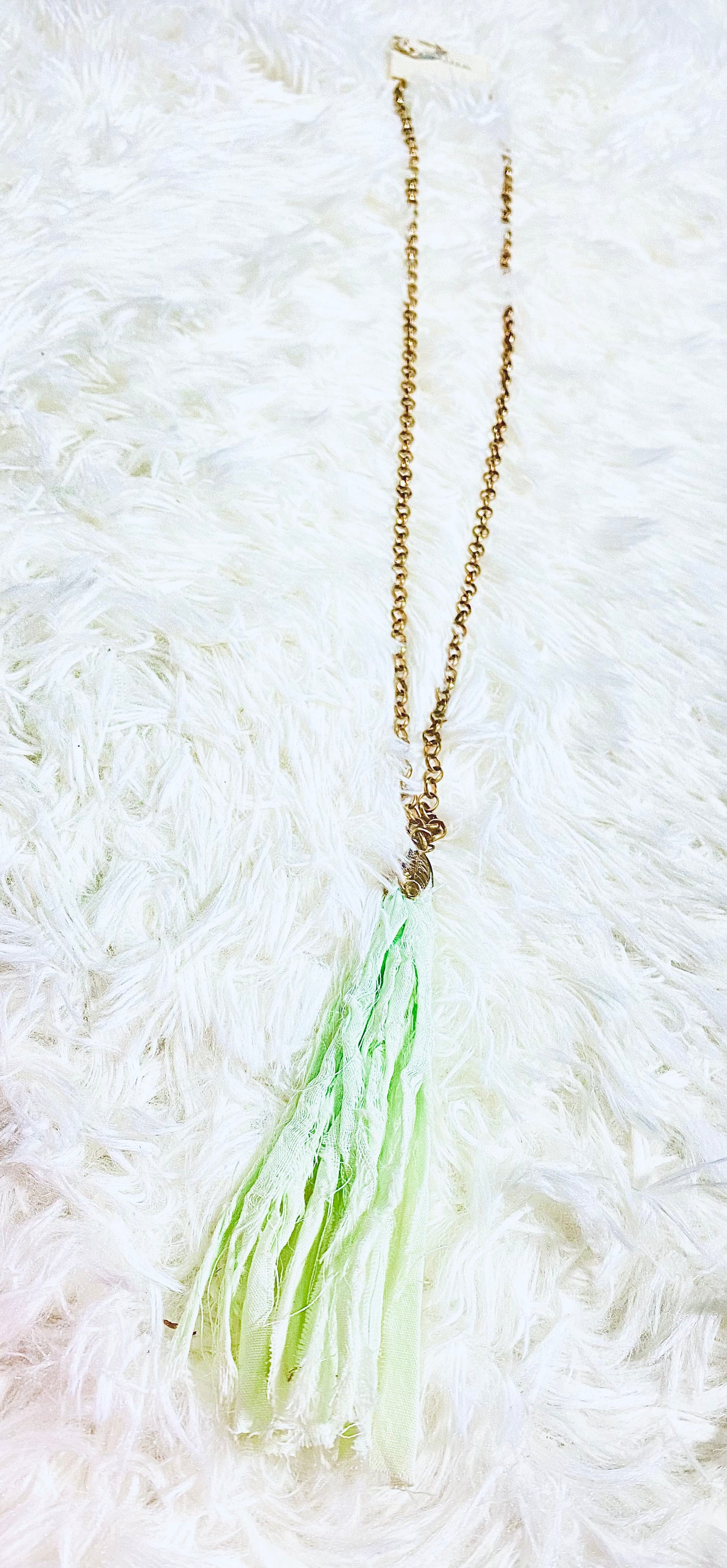 Long Gold Chain Mint Cloth Tassel Necklace