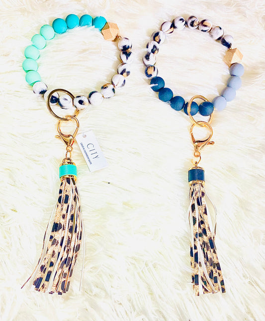 Beaded Cheetah Tassel Key Ring