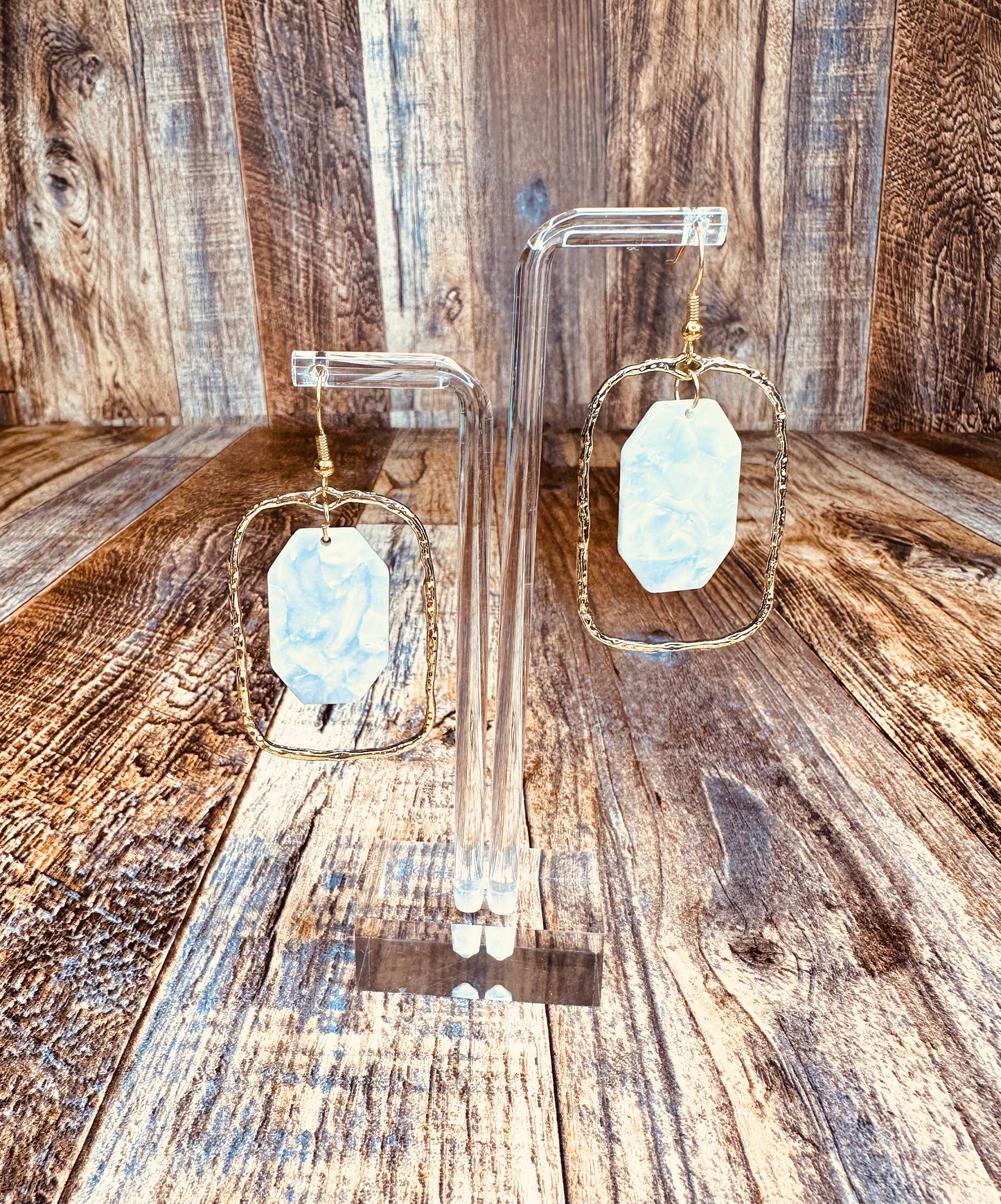 Gold Rectangle Cream Stone Dangle Earrings