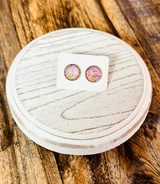 Pink Swirl Floral Stud Earrings