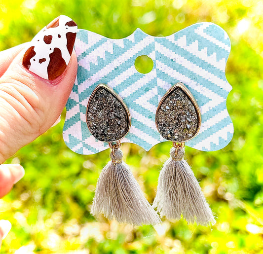 Grey Teardrop Druzy Tassel Earrings