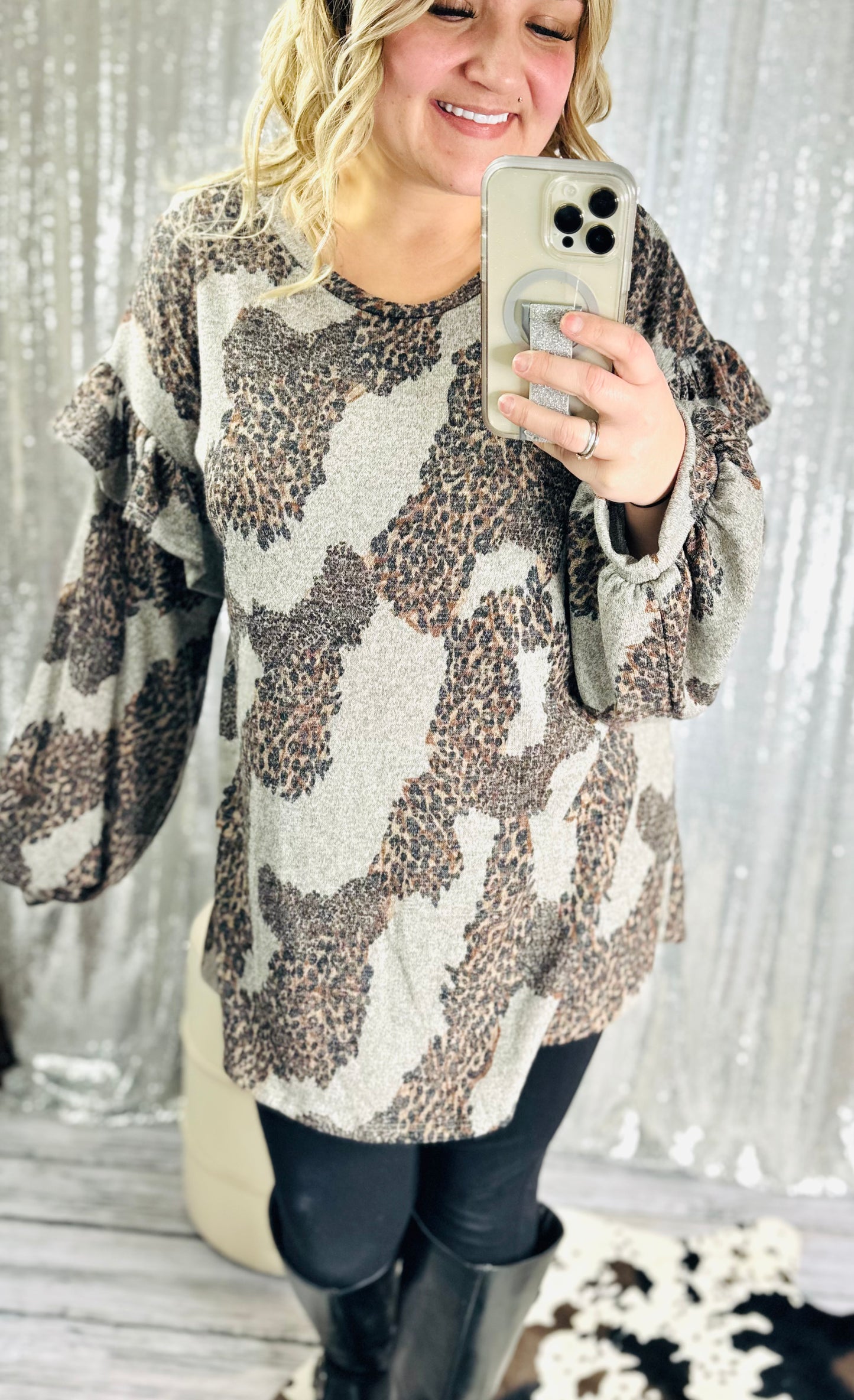 Leopard Long Belle Ruffle Sleeve Sweater