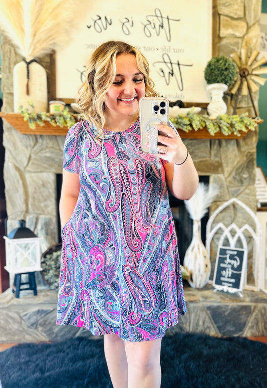 Pink / Blue Paisley Dress With Pockets