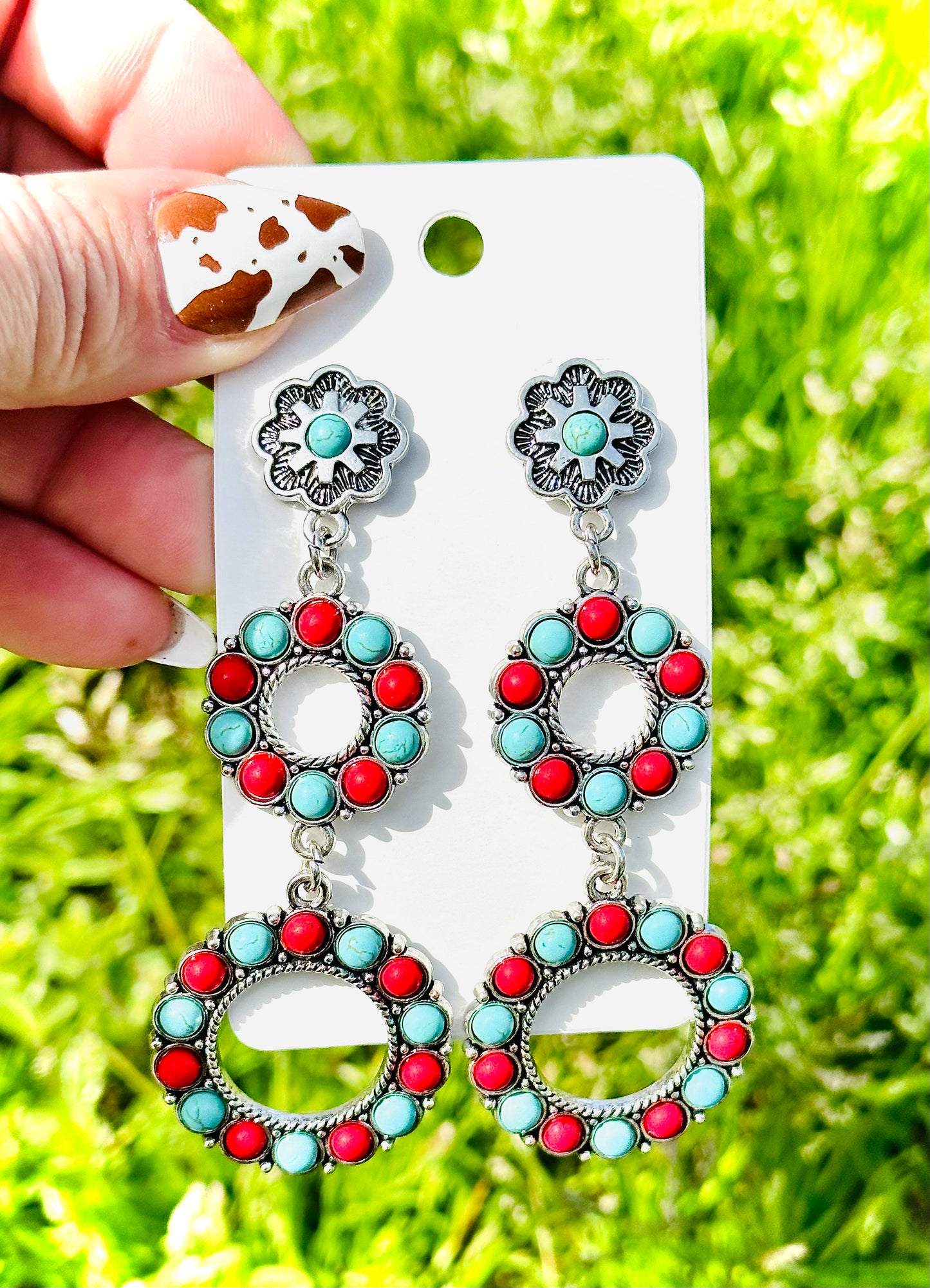 Turquoise / Red 3 Tier Circle Stone Earrings