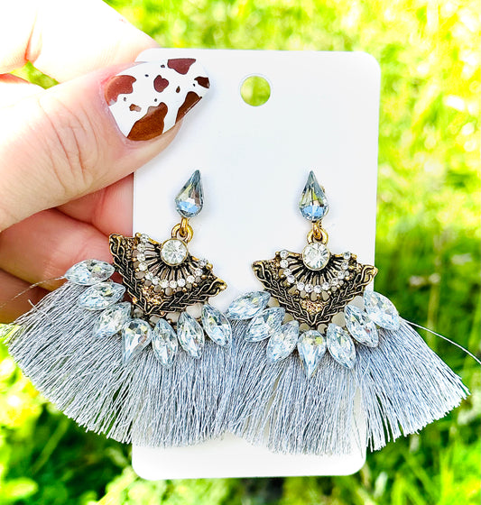 Bling Rhinestone Grey Tassel Earrings