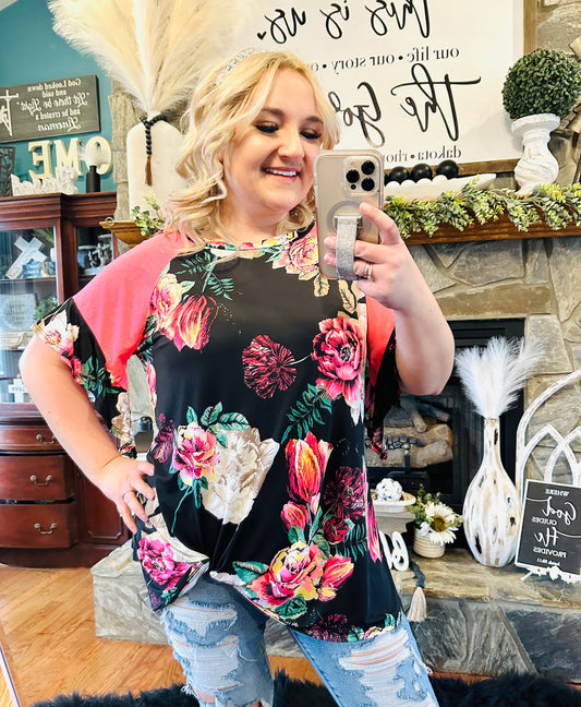 Pink / Black Floral Flowy Top