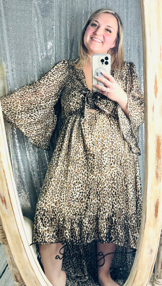 Leopard Ruffle Belle Sleeve High Low Maxi Dress