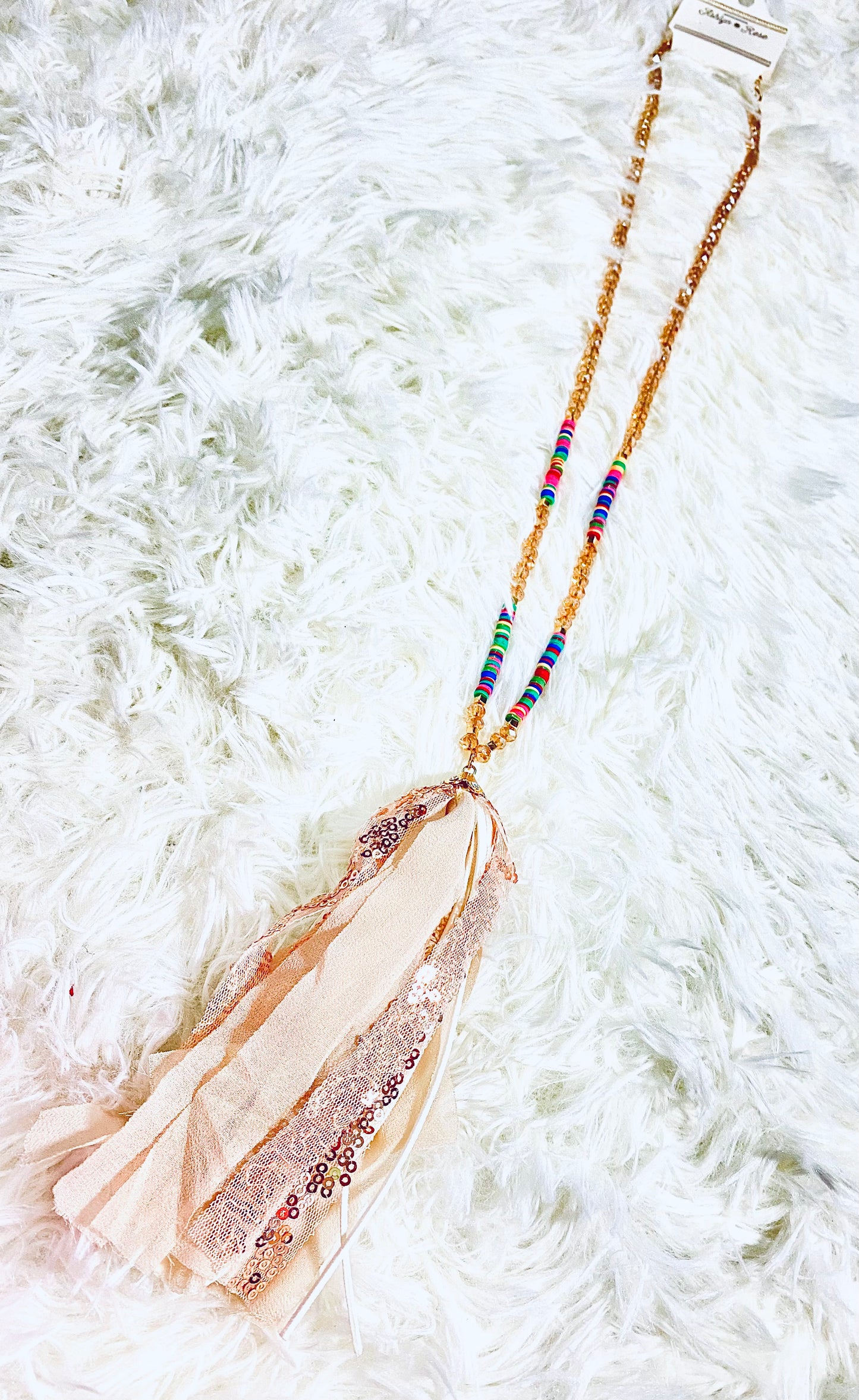 Long Beige Beaded Colorful Sparkle Cloth Tassel Necklace