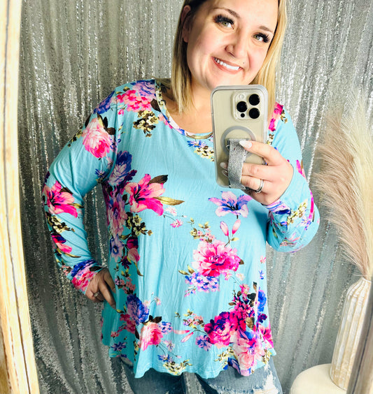 White Birch - Teal Long Sleeve Floral Top