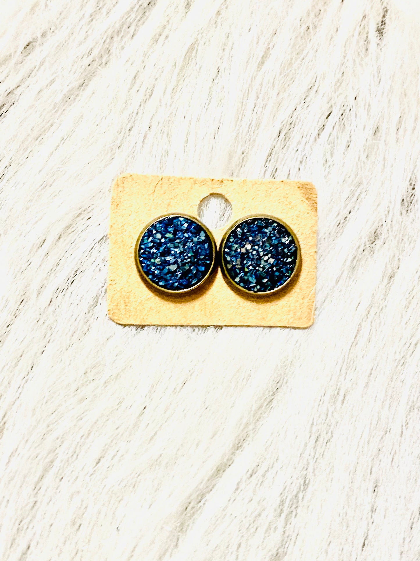 Dark Blue Druzy Bronze Stud Earrings