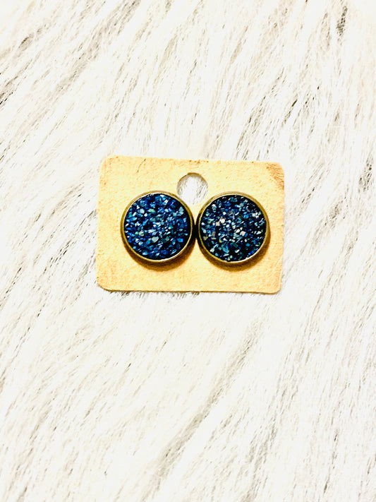 Dark Blue Druzy Bronze Stud Earrings