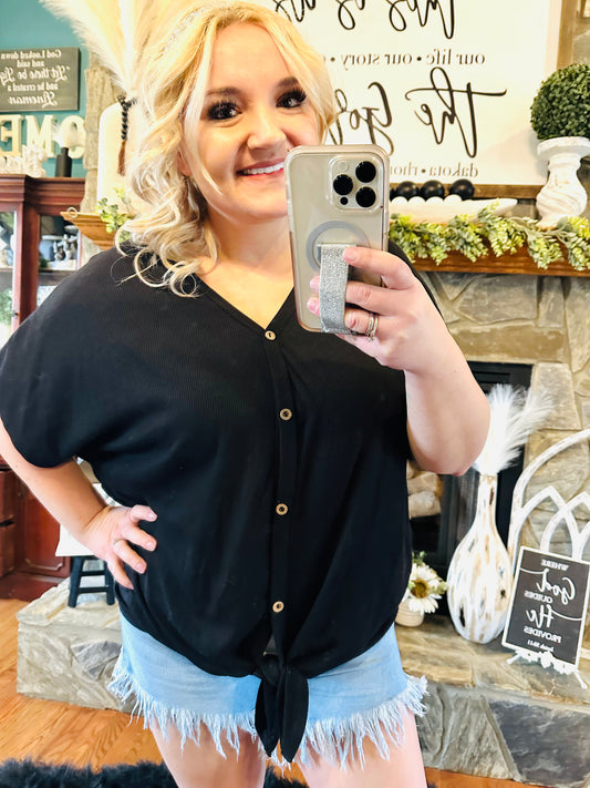 Black Oversized Button Down Knot Tie Top