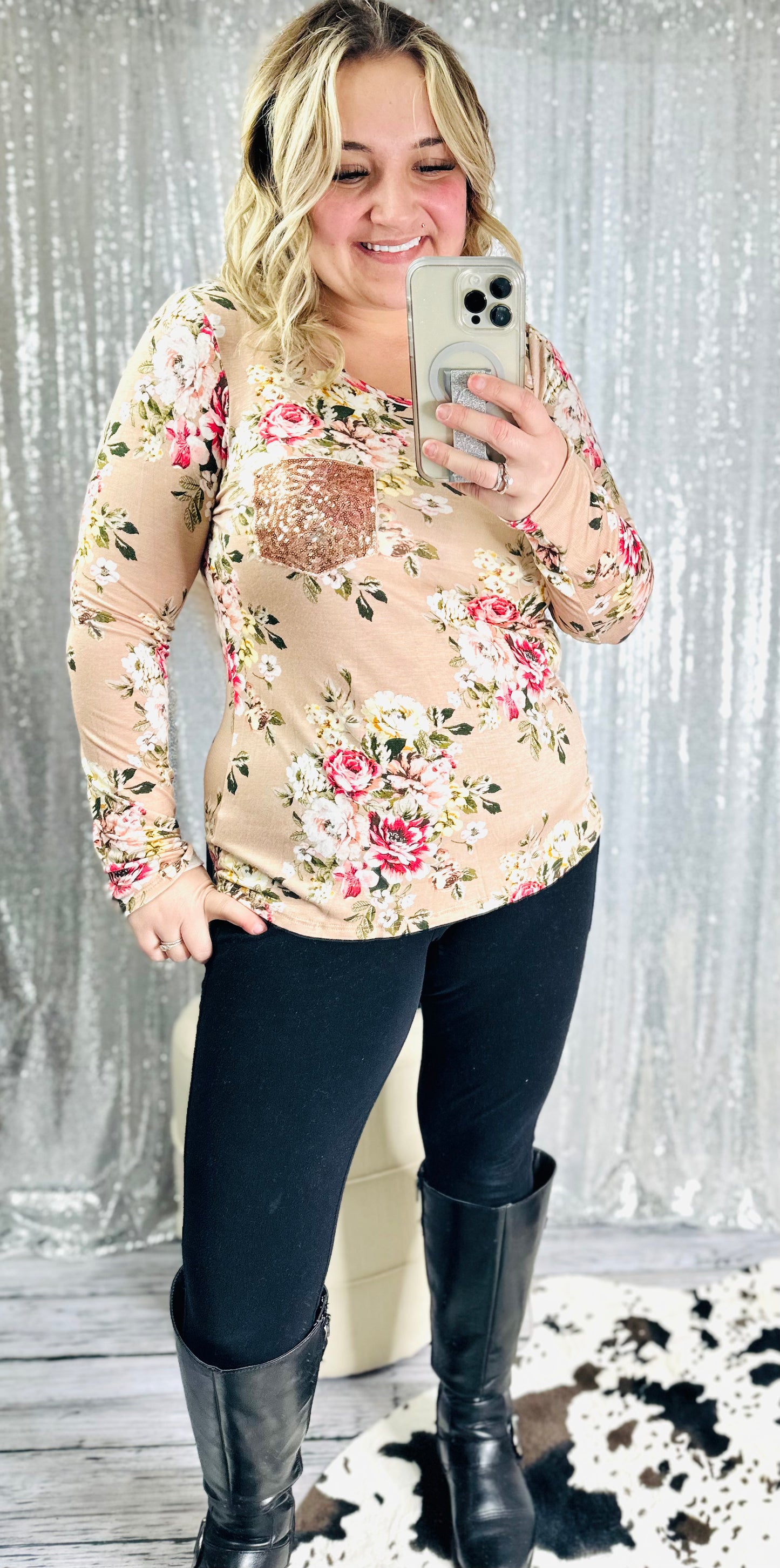 Tan Long Sleeve Floral Rose Gold Glitter Pocket Top