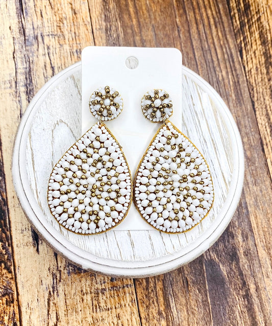 White & Gold Teardrop Seed Bead Earrings